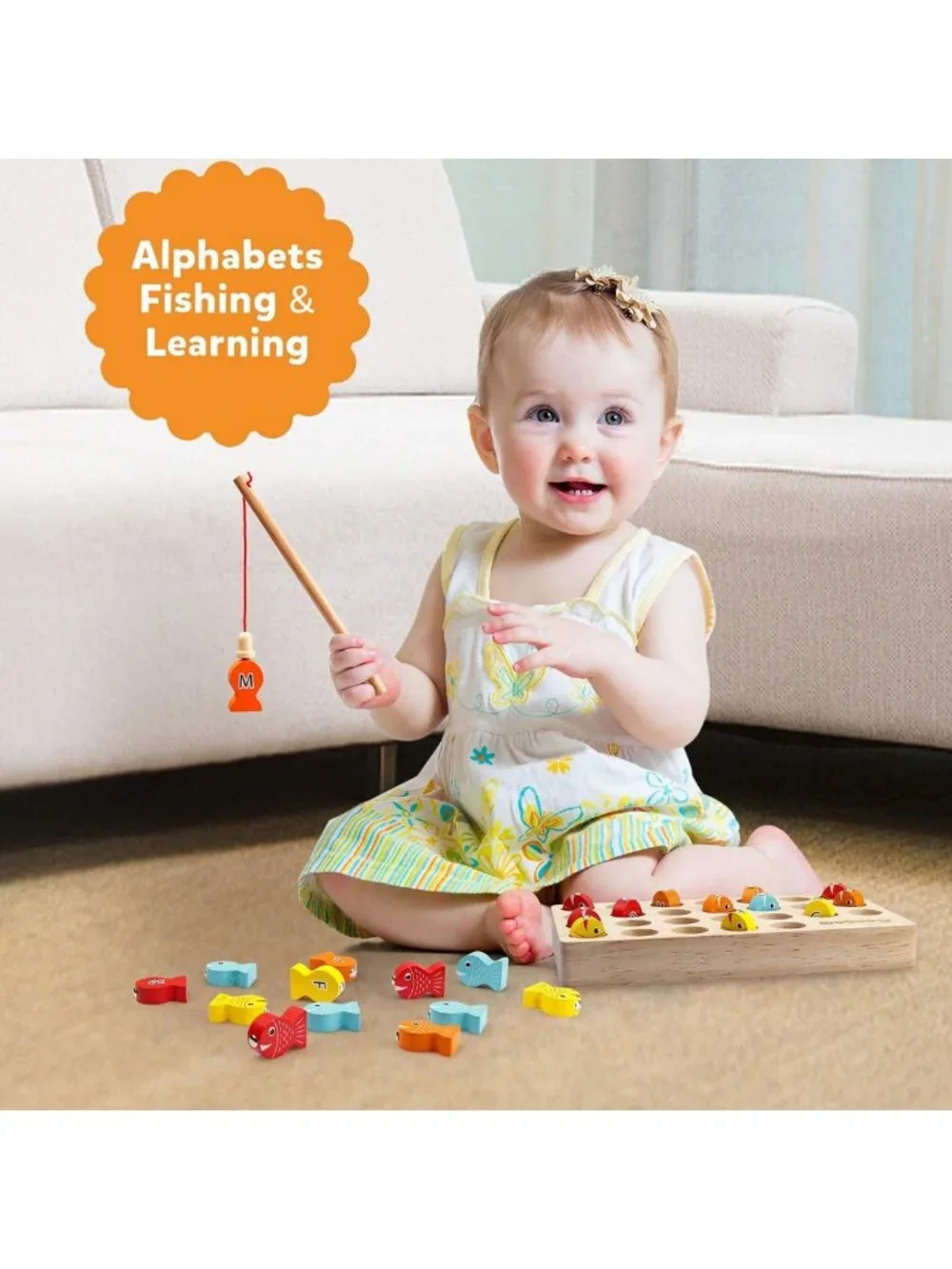 Wooden Magnetic Fishing Game - Fine Motor Skills, Alphabet Color Sorting Puzzle